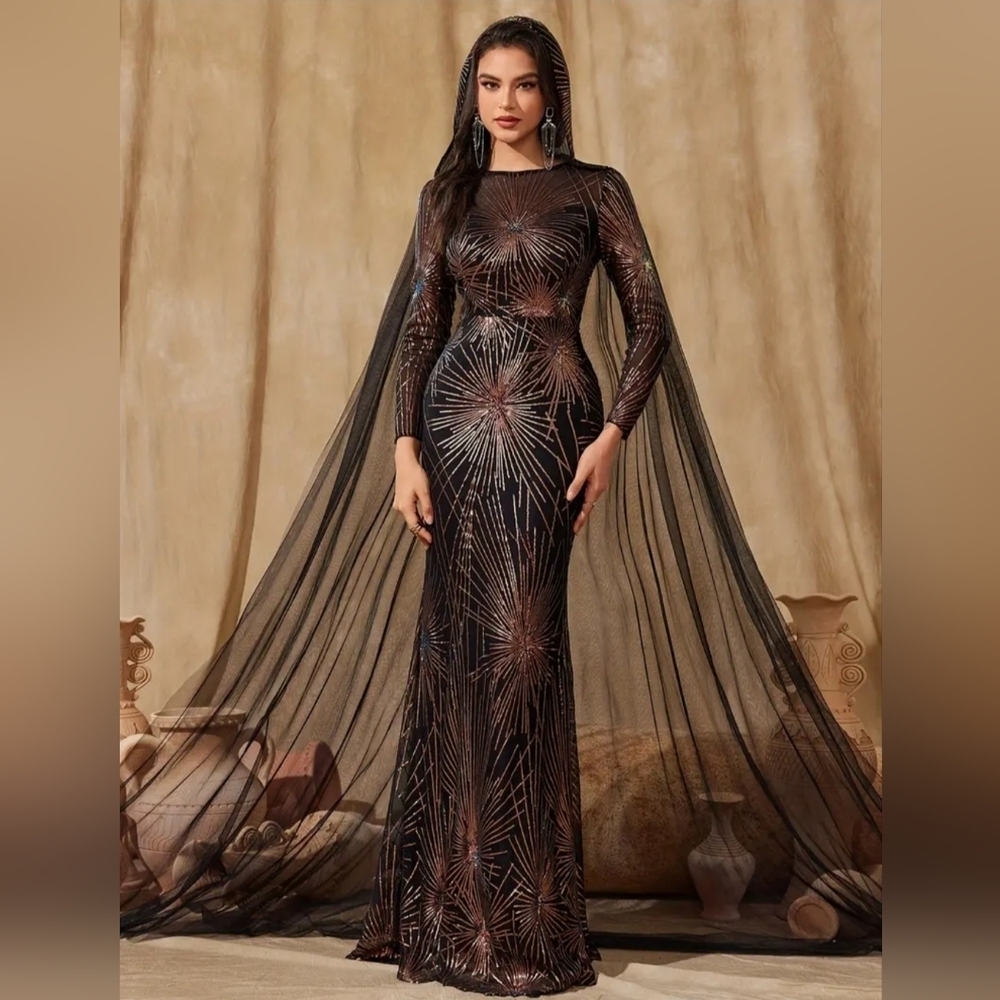 Black Sequin Embellished Gown with Bishop Sleeves